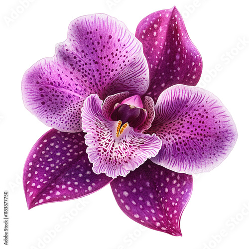 A close-up image showcases a single vibrant purple orchid flower with distinctive white spots on its petals isolated on transparent background.