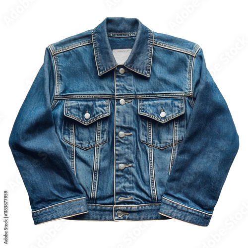 Folded denim jacket with rolled sleeves, crisp white backdrop, ideal for fashion displays and textile showcases