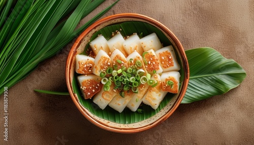 Thai Khrok Bowl with Steamed Rice Cakes and Green Onions in Bowl Decorated with Sesame photo