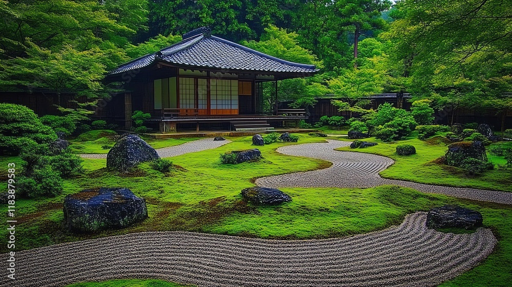 Obraz premium Serene Japanese Garden: Mossy Landscape, Pavilion, Zen Gravel Paths