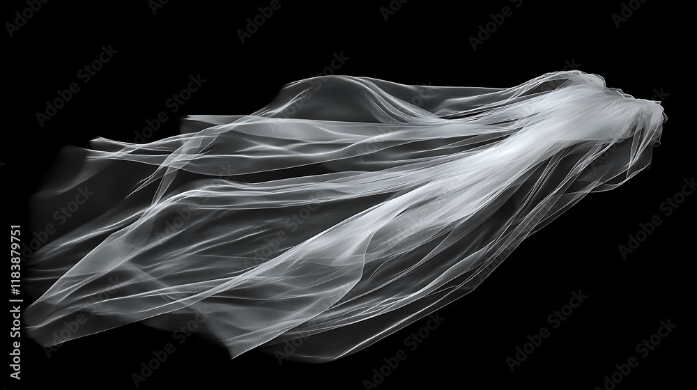 Fototapeta premium An white bridal veil, flying, cut out, on black background