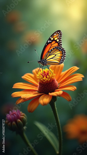 Wallpaper Mural A monarch butterfly delicately perched on a vibrant orange flower in a serene garden setting. Torontodigital.ca