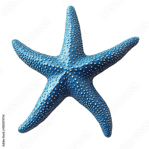 A detailed close-up showcases a vibrant blue starfish adorned with silver studs isolated on transparent background. photo