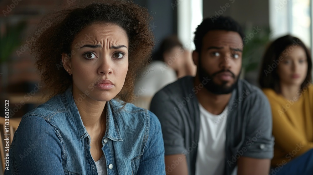 A couple with unhappy expressions while observing other couples getting along. A couple with unhappy expressions while observing other couples getting along.