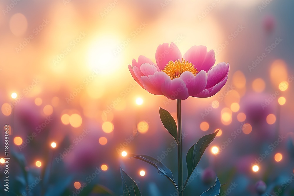Blooming Pink Peony at Sunset with Soft Bokeh Lights - Perfect for Nature Decor Blooming Pink Peony at Sunset with Soft Bokeh Lights - Perfect for Nature Decor