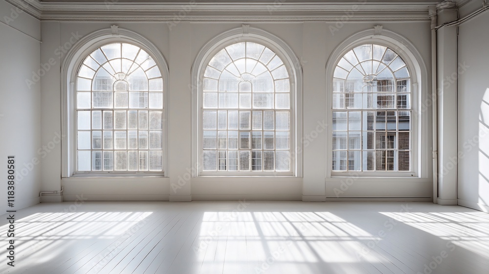 Fototapeta premium Sunlit empty room with three large arched windows.