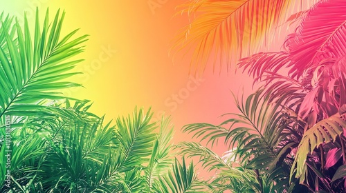 **A vibrant tropical gradient shifting from lush lime green to sunny tangerine and magenta