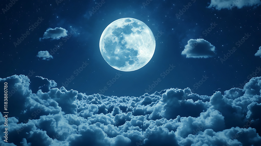 Beautiful realistic flight over cumulus lush clouds in the night moonlight, a large full moon shines brightly on a deep starry night Beautiful realistic flight over cumulus lush clouds in the night moonlight, a large full moon shines brightly on a deep starry night