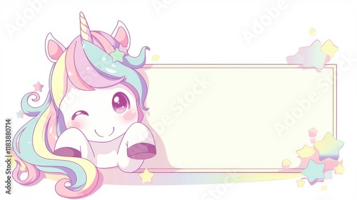 Cute unicorn holding up a blank sign empty banner anime style
