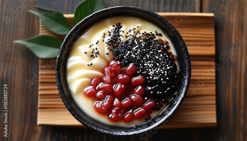 Traditional Japanese Kurogoma Pudding with Red Beans and Black Sesame Seeds in Bowl photo