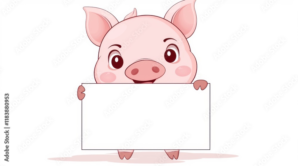 Cute Pig holding up a blank sign empty banner anime style Cute Pig holding up a blank sign empty banner anime style