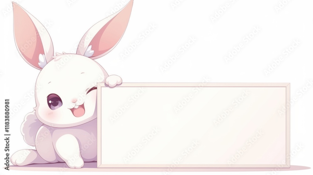 Fototapeta premium Cute rabbit holding up a blank sign empty banner anime style