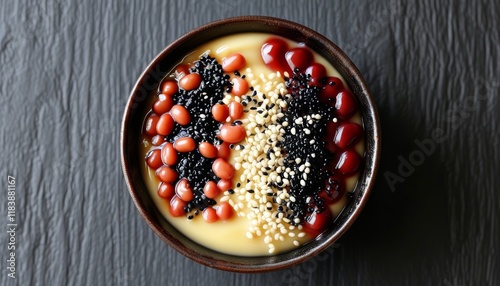 Traditional Kurogoma Pudding with Red Beans and Sesame Seeds in a Decorative Bowl photo