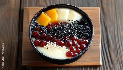 Traditional Kurogoma Pudding with Toppings on Wooden Table in Japan photo