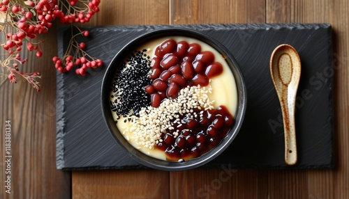 Japanese Kurogoma Pudding with Red Beans and Sesame Over Beautiful Wooden Background photo