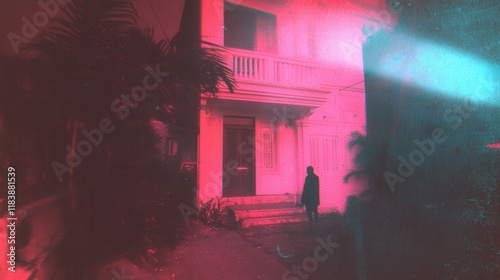 Haunted house at night with silhouette in eerie glow photo