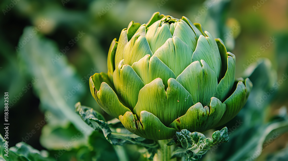 Close up of a growing ripe green artichoke Close up of a growing ripe green artichoke
