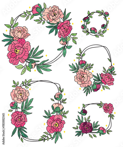 color vector set of hand drawn vintage wreath frames with red and light peony flowers leaves and sparkles