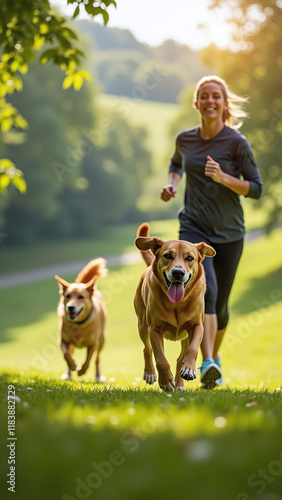 A woman jogging with two dogs in a lush green park during a sunny day.