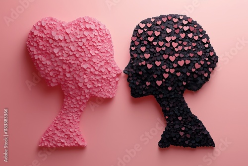 Silhouette profiles made of pink and black hearts against soft pink background