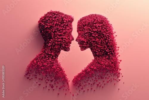 Romantic silhouette formed by small vibrant red hearts on gradient background