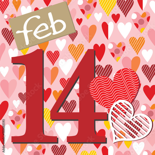 Happy Valentine's day with hearts and Feb 14