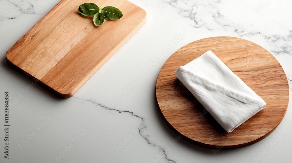Elegant and minimalist still life composition showcasing a marble countertop with a wooden chopping board and a simply folded linen napkin Elegant and minimalist still life composition showcasing a marble countertop with a wooden chopping board and a simply folded linen napkin