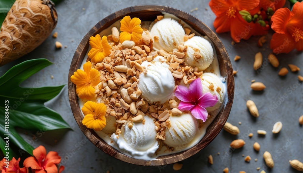 Fototapeta premium Delightful Coconut Ice Cream Experience with Tropical Flowers and Nuts in a Wooden Bowl