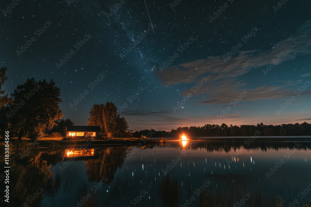A serene lakeside scene under a starry sky with reflections and a cozy cabin glow. A serene lakeside scene under a starry sky with reflections and a cozy cabin glow.
