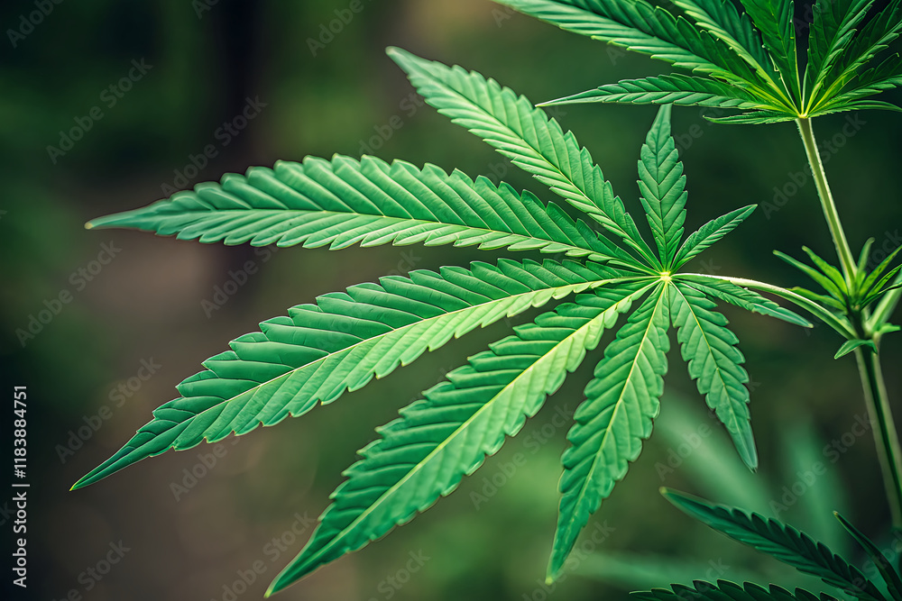 Close-Up View of Vibrant Green Cannabis Leaf in Natural Setting Close-Up View of Vibrant Green Cannabis Leaf in Natural Setting