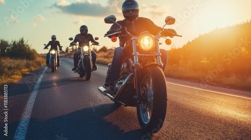 Bikers riding together along a scenic highway at sunset during a vibrant motorcycle rally