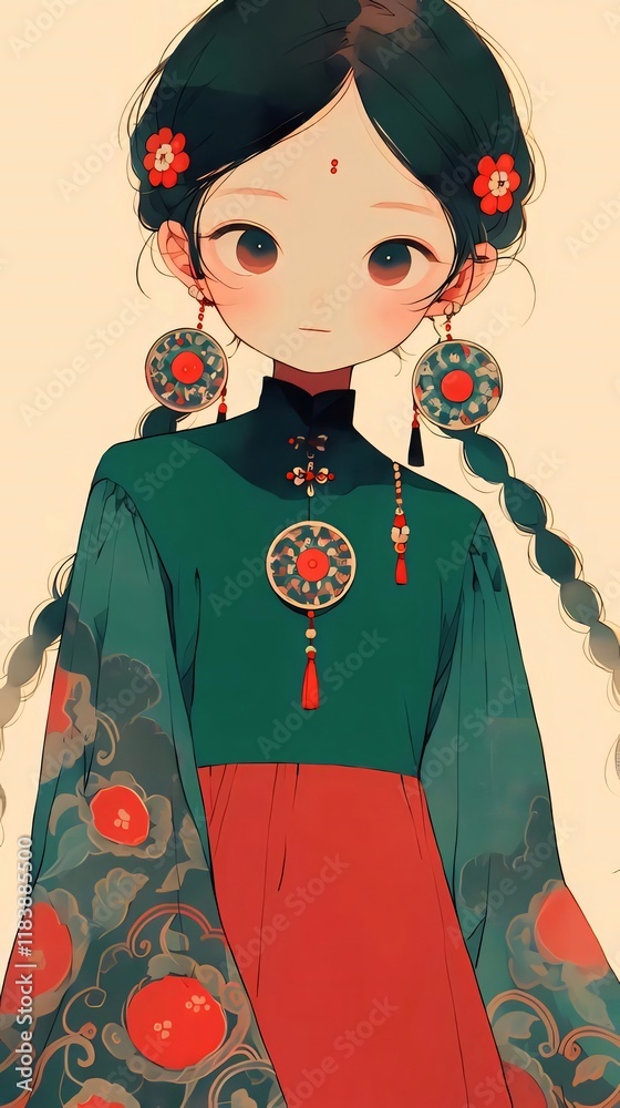 Asian girl, traditional dress, smiling, floral background, illustration. Asian girl, traditional dress, smiling, floral background, illustration.