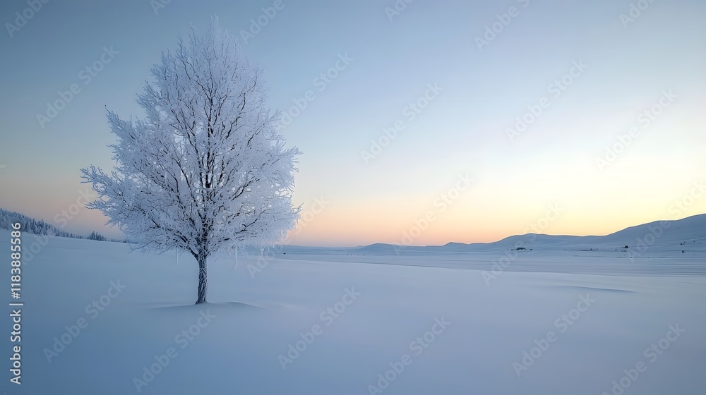 Solitary Frosty Tree Encased in Snow on a Calm Morning with Beautiful Soft Light and Horizon View Solitary Frosty Tree Encased in Snow on a Calm Morning with Beautiful Soft Light and Horizon View