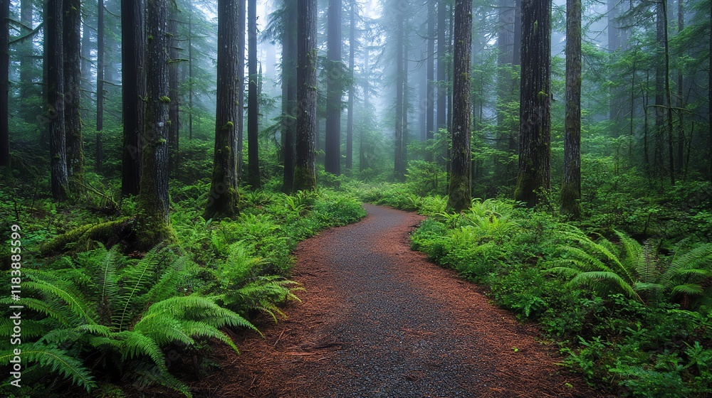 Obraz premium Misty Forest Path: Serene Green Canopy and Winding Trail