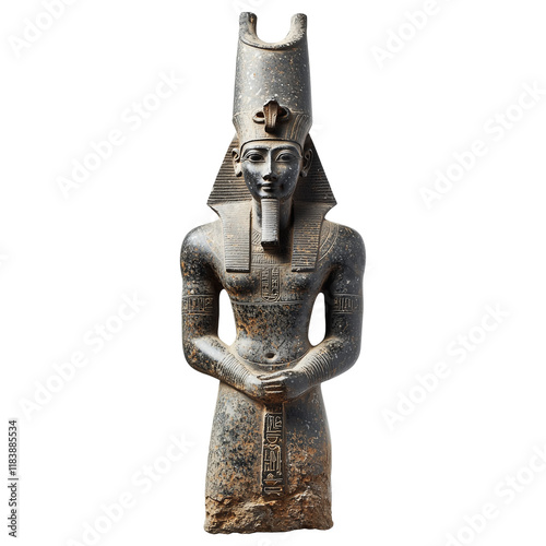 Ancient Egyptian statue of Khonsu, moon god, featuring intricate carvings and traditional headdress, showcasing historical artistry and cultural significance photo