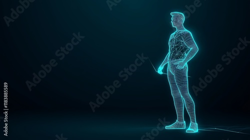 Digital Wireframe Human Model Walking on Futuristic Path with Technology Integration