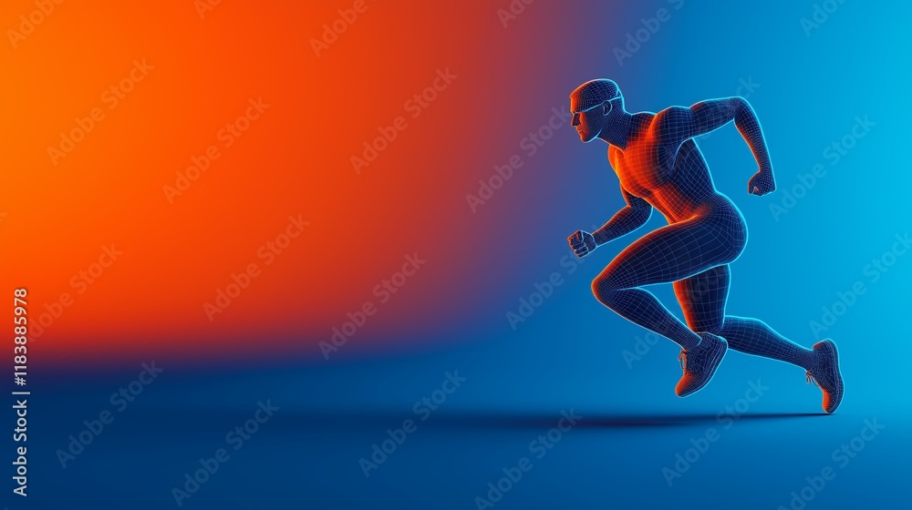 Naklejka premium Digital Wireframe Runner Highlighting Motion, Energy, and Futuristic Technology Concepts