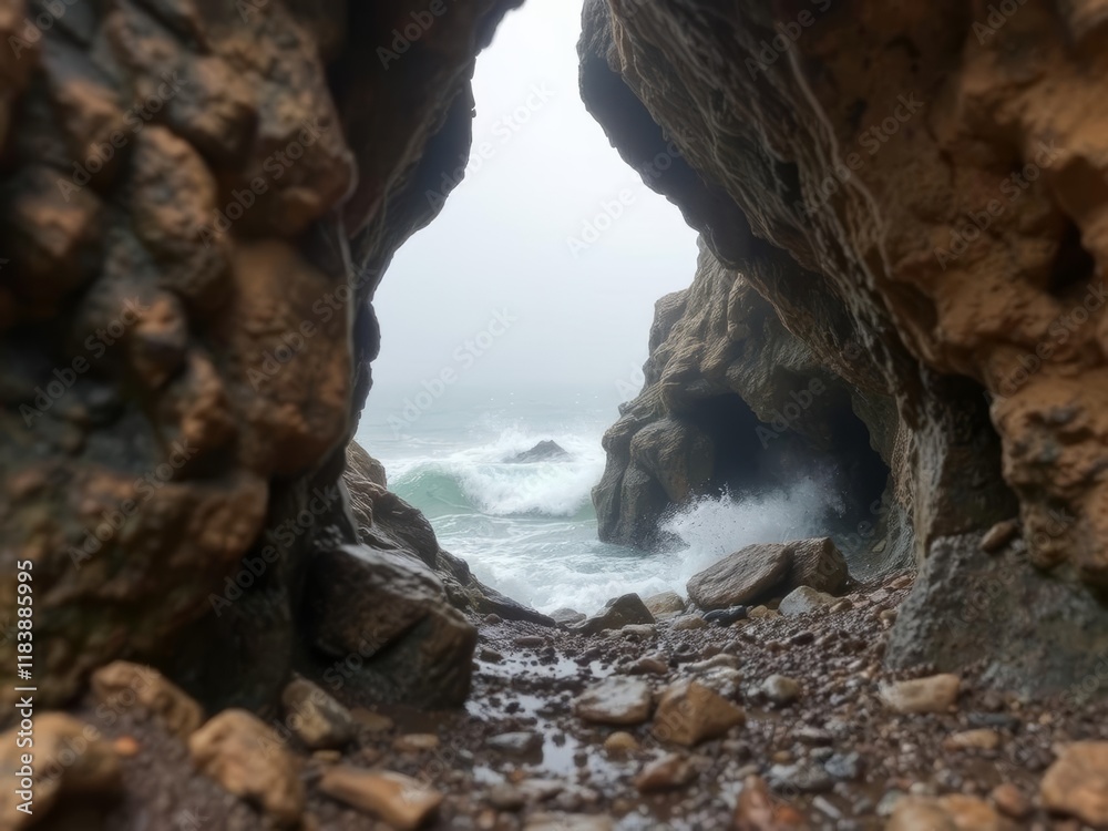 Naklejka premium Coastal sculptures that bring the mystique of the ocean to life, where waves and sea spray playfully hide the entrance to a cliffside cave, shrouded in mist
