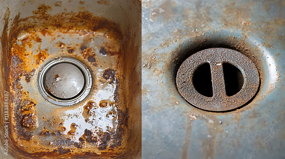 Examine the dirty sink's before and after cleaning, the old, filthy sink's rusty stain, and the bathroom's rusty metal drain Examine the dirty sink's before and after cleaning, the old, filthy sink's rusty stain, and the bathroom's rusty metal drain
