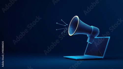 Digital Megaphone Emerging from Laptop Representing Online Marketing and Communication