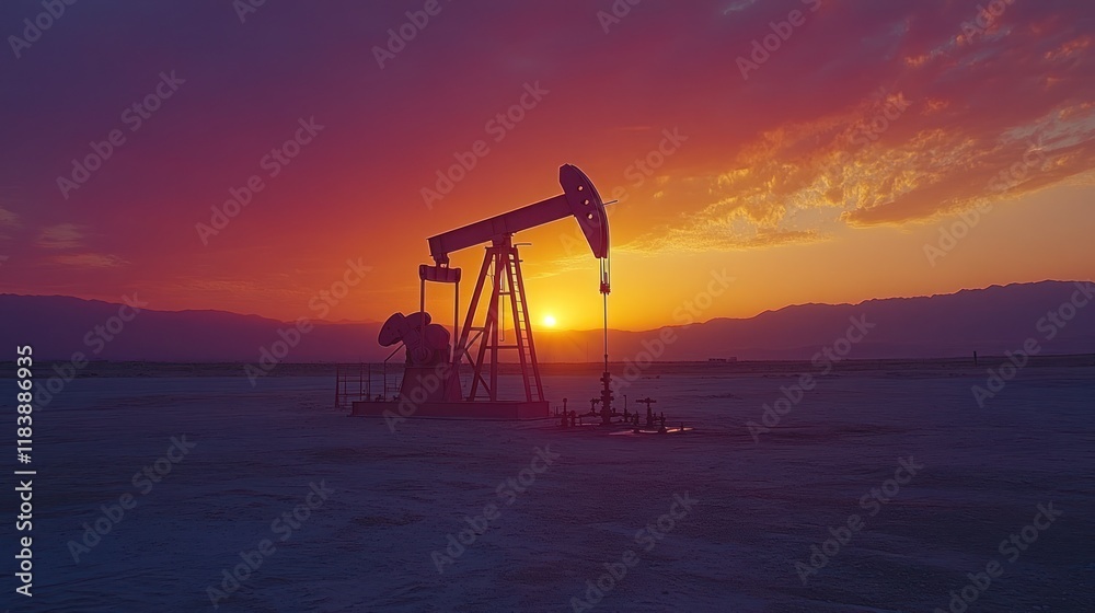 Oil pump jack silhouetted against a vibrant sunset. Oil pump jack silhouetted against a vibrant sunset.