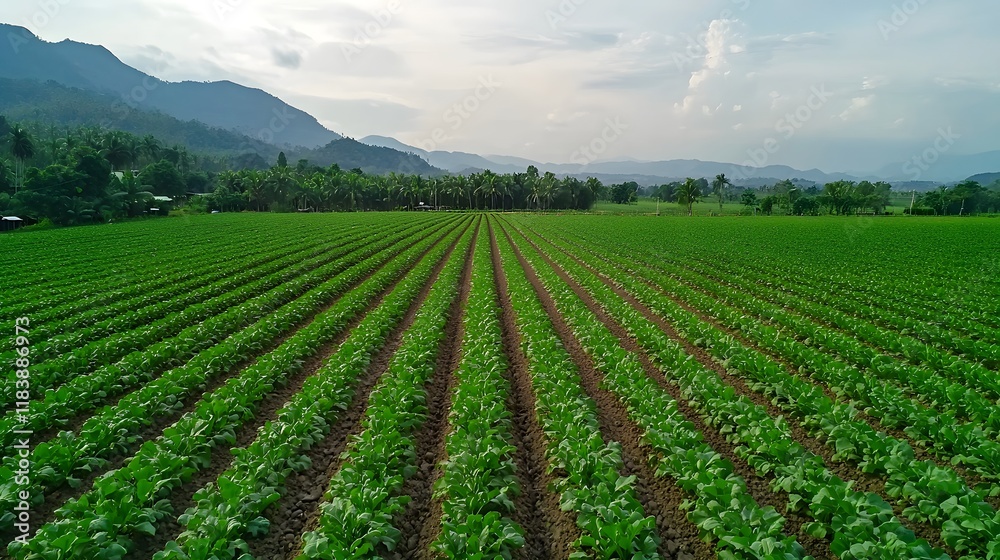 Panoramic View of a Sustainable Farm Field with Lush Green Crops and Mountains in Background Panoramic View of a Sustainable Farm Field with Lush Green Crops and Mountains in Background