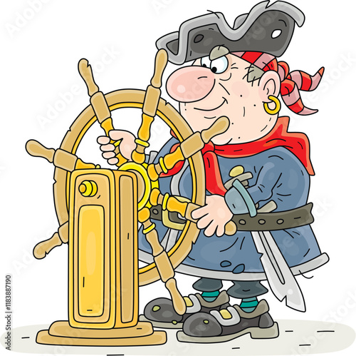 Funny sea pirate helmsman on watch turning a steering wheel of a sailing ship at sea, vector cartoon illustration on a white background