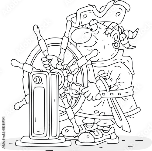 Funny sea pirate helmsman on watch turning a steering wheel of a sailing ship at sea, black and white vector cartoon illustration for a coloring book