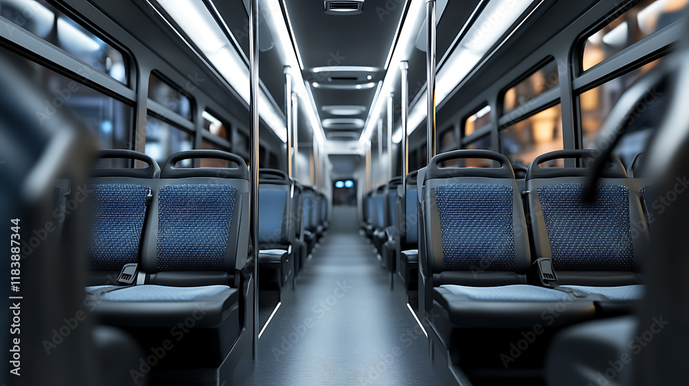 Obraz premium Front view of modern bus interior with reclining seats and aisle