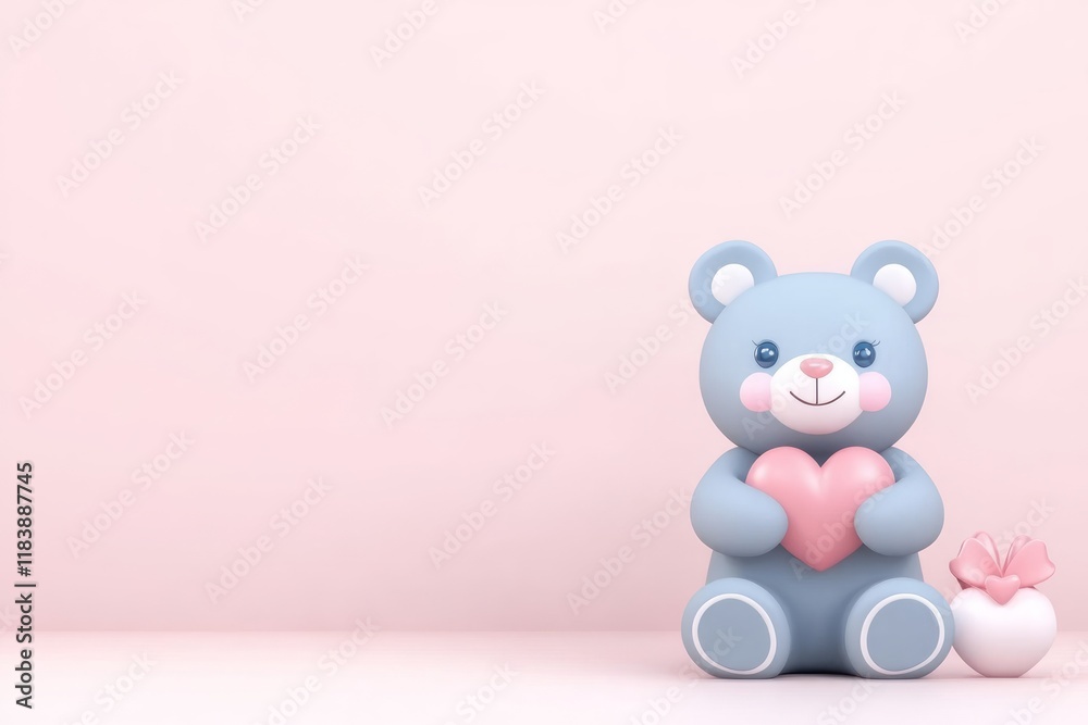 Fototapeta premium Valentines concept. Cute blue teddy bear holding a heart on a soft pink background.