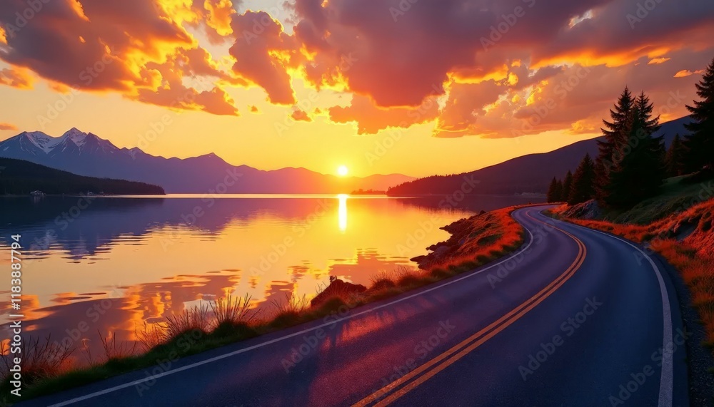 Sunset Road Trip_ Mountains, Lake, and Scenic Drive at Dusk Sunset Road Trip_ Mountains, Lake, and Scenic Drive at Dusk
