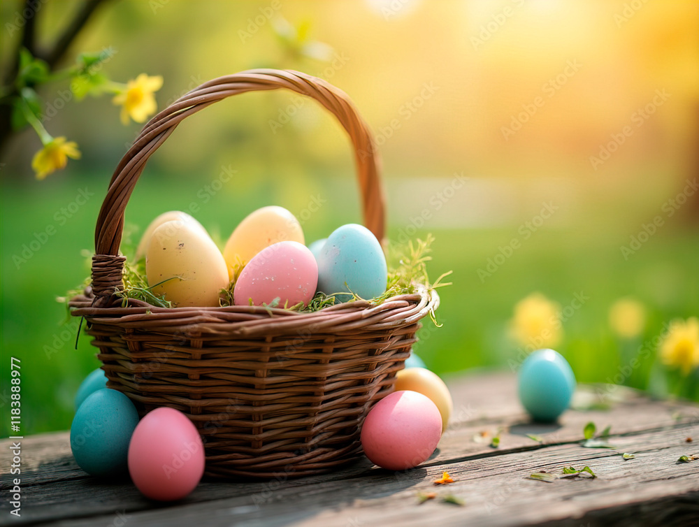 Naklejka premium Easter Eggs In Basket On Aged Wooden Table In Spring Garden With Sunlight