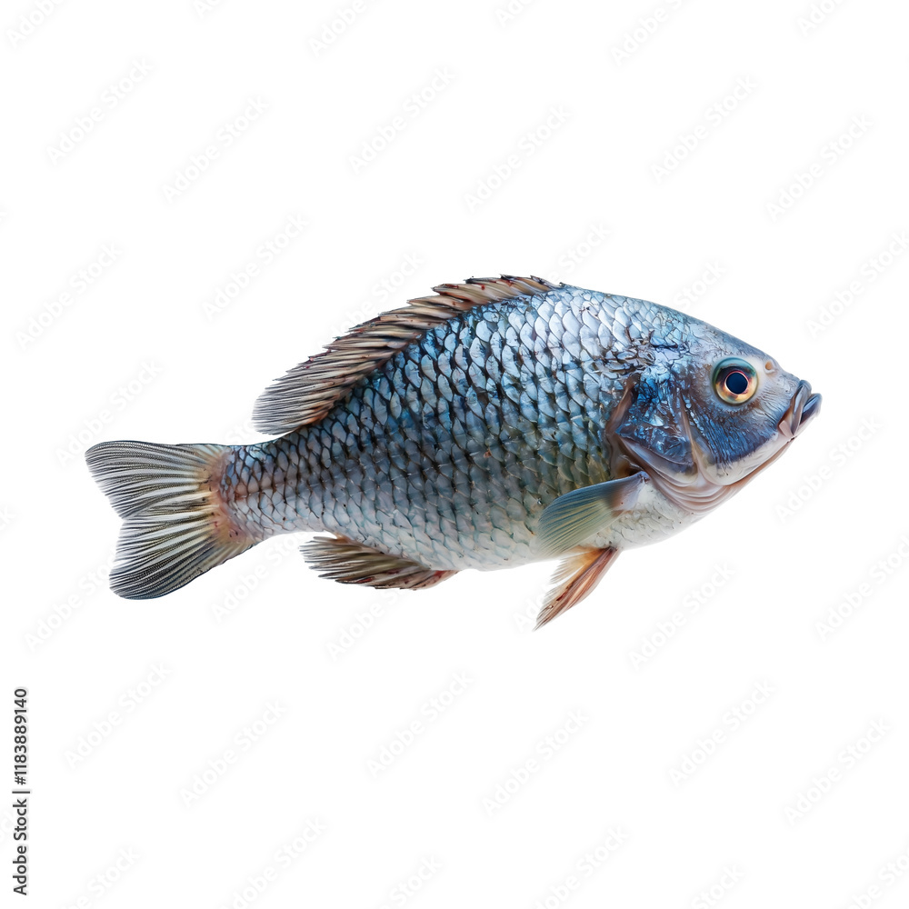 Fototapeta premium Fresh tilapia fish isolated on transparency background, showcasing its detailed scales, fins, and natural coloration, perfect for culinary or educational purposes