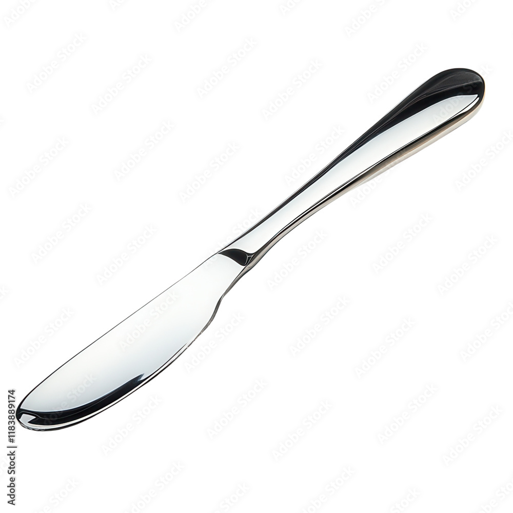 Fototapeta premium Polished stainless steel butter knife with a curved edge on a clean white background, ideal for culinary and dining applications.